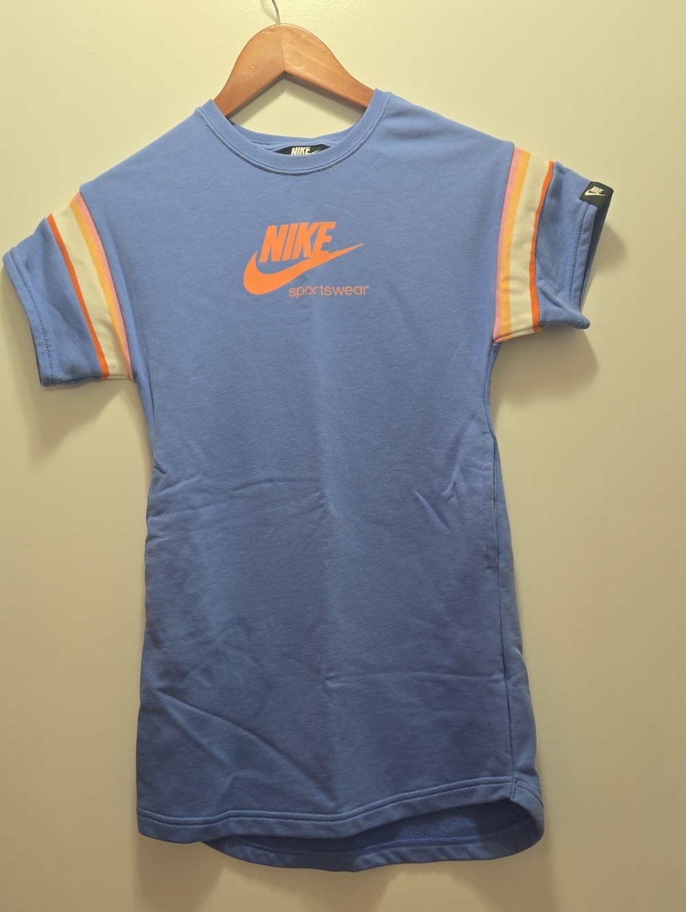 Nike Blue Tee Dress with Orange Logo and Striped Sleeve Accents